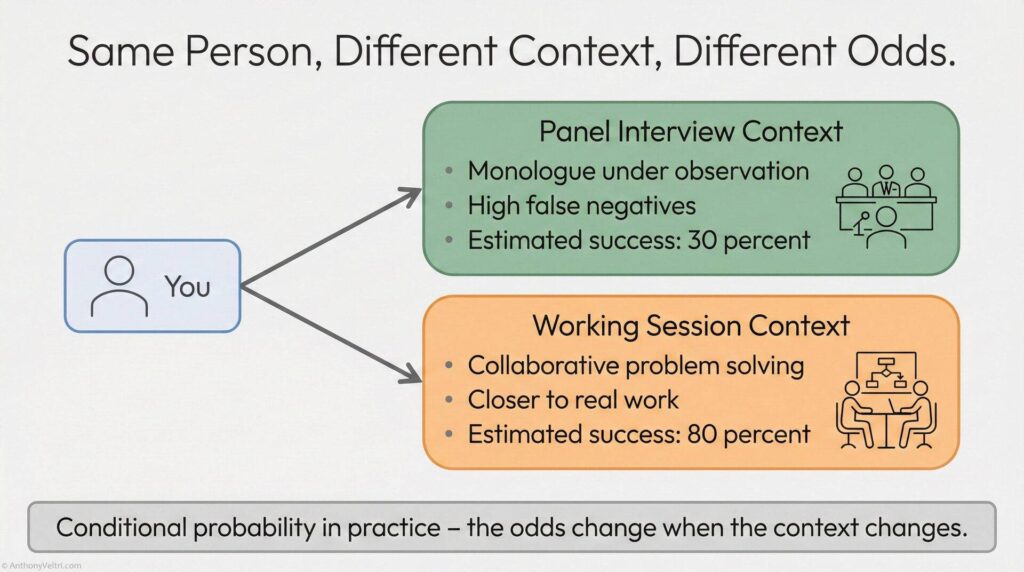 Flowchart comparing two contexts: a panel interview with 30% success rate, and a working session with 80% success rate, showing how context affects probability of success for the same person.
