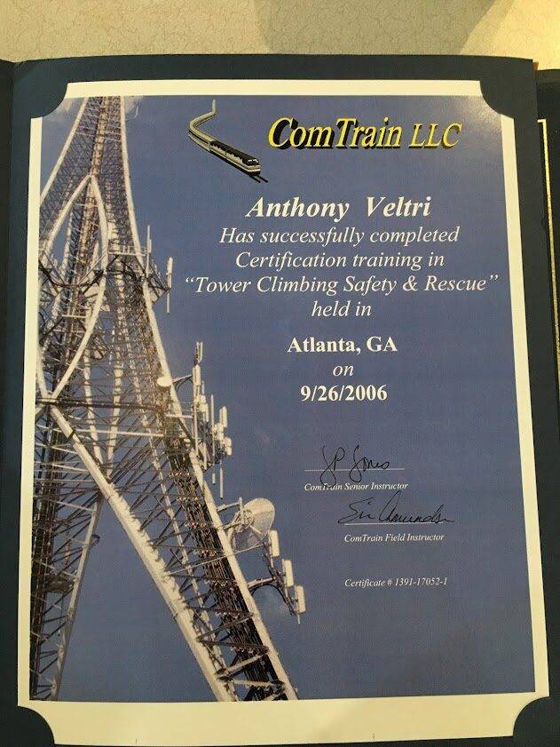A certificate awarded to Anthony Veltri for completing 