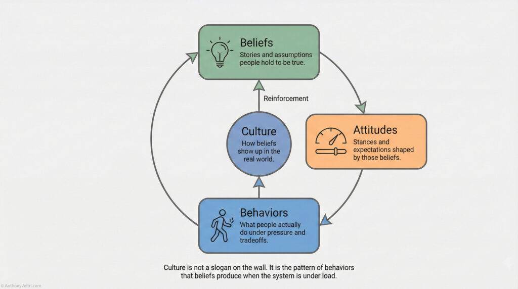 A circular diagram shows how beliefs, attitudes, and behaviors reinforce each other around 