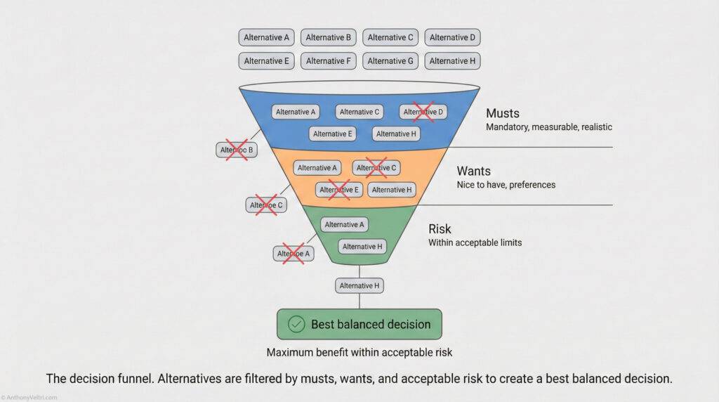 A funnel diagram with alternatives filtered into three sections: 