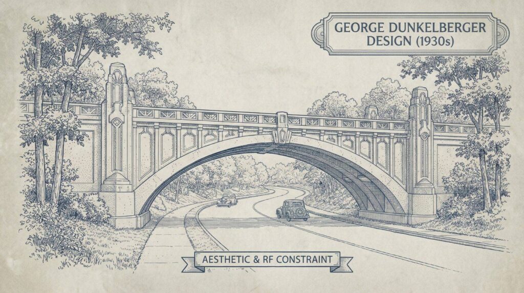 This diagram illustrates a 1930s Dunkelberger arched bridge design, highlighting both aesthetic and RF constraints in context.