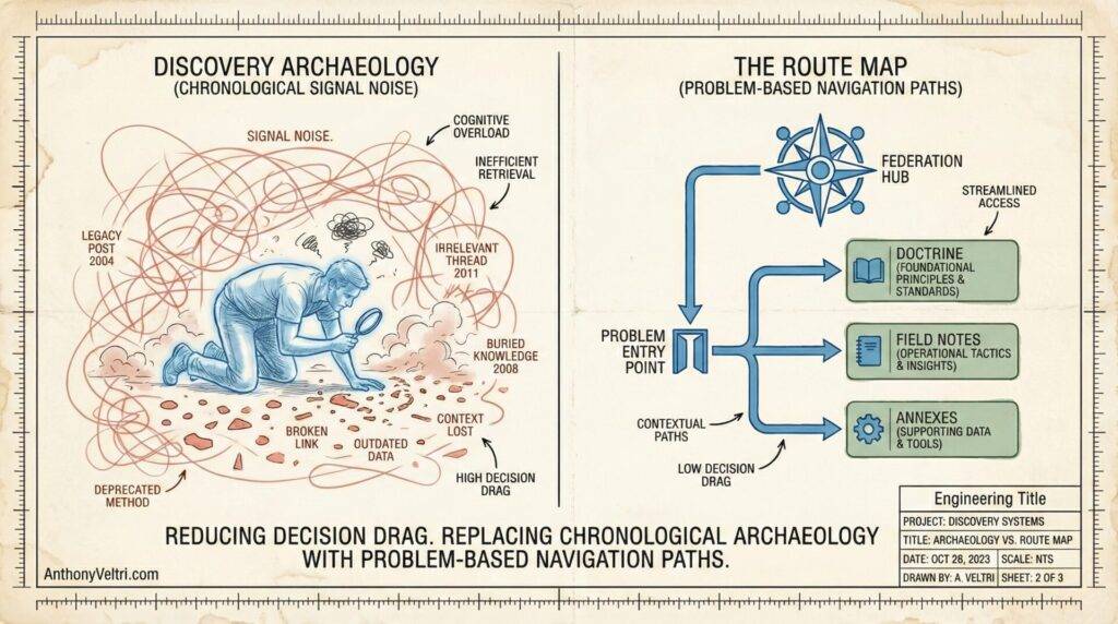 The image contrasts “discovery archaeology”—a person sifting through scattered artifacts and tangled lines—with “the route map,” a structured diagram showing direct navigation from a central problem to solutions. Text highlights reducing decision drag via problem-based approaches.