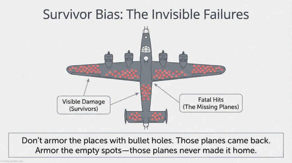 Diagram of a plane showing red bullet holes where damage was observed on returning planes, with labels 