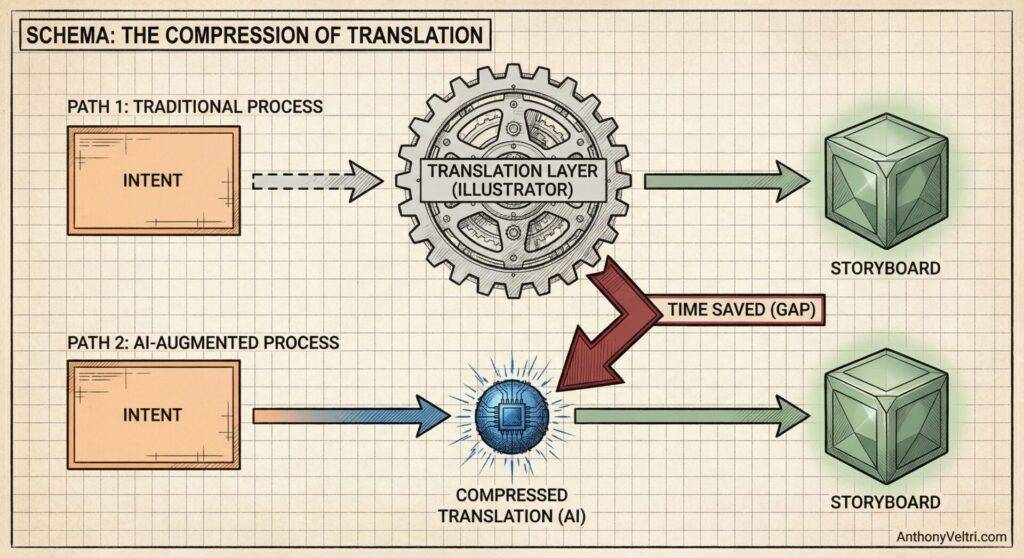 A flowchart compares two paths: traditional (top) and AI-augmented (bottom) storyboard creation. Both start with 