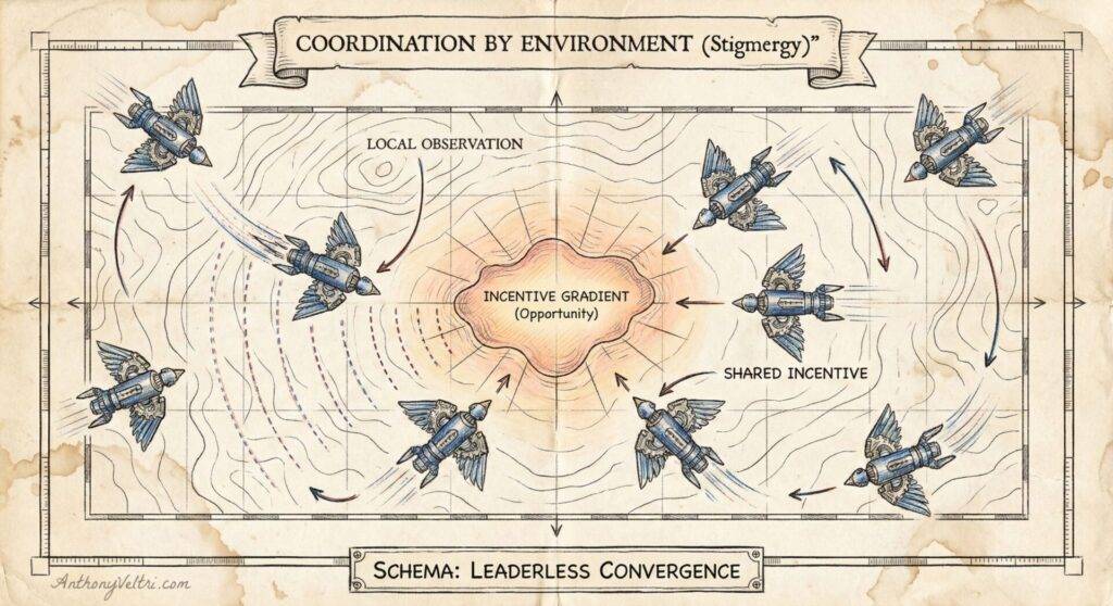 A vintage-style diagram shows seven birds converging toward a central orange area labeled 