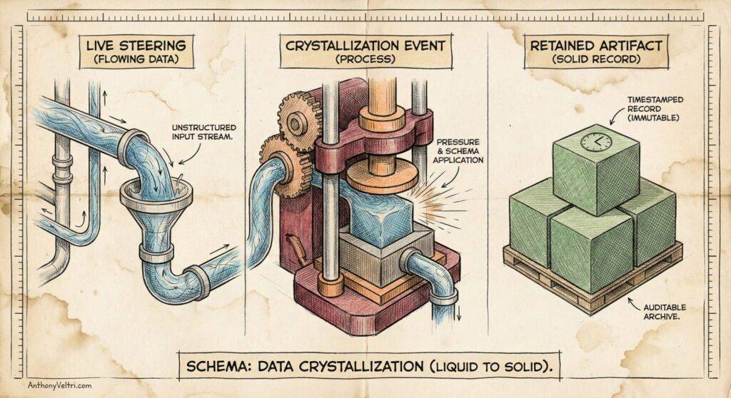 Illustration showing data flow: left panel has water flowing through pipes labeled 