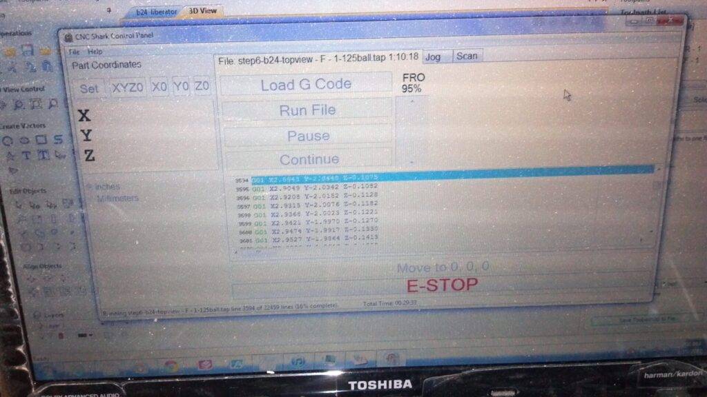 A computer screen displays CNC Shark Control Panel software with a list of G-code commands. The 