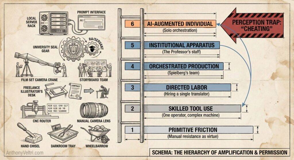 An illustrated ladder shows six levels of creative work, from primitive friction at the bottom to AI-augmented individual at the top. Each step lists tools or roles, with side graphics depicting related equipment and staff. The top warns of a 