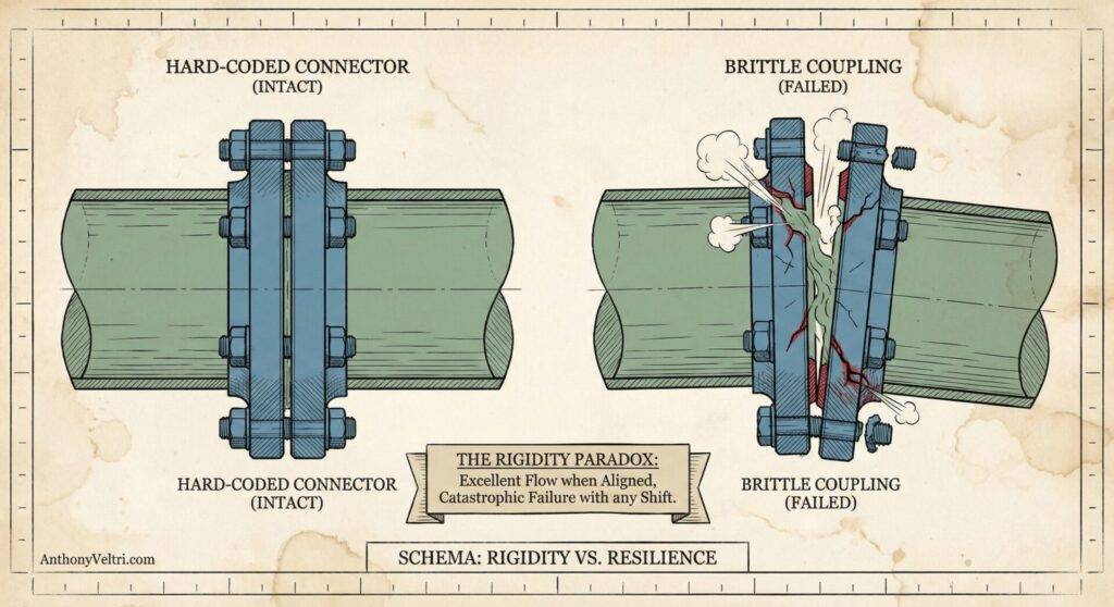 A diagram shows two pipe connections: the left has intact, aligned hard-coded connectors; the right has a failed, misaligned brittle coupling with cracks and leaks. Center text: 