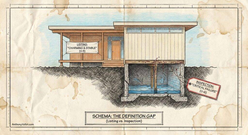 A cross-section drawing of a modern house highlights the contrast between its attractive exterior, labeled 