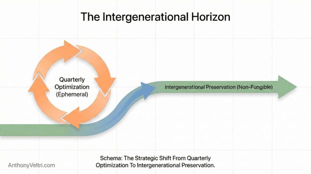 A diagram titled “The Intergenerational Horizon” shows a green path splitting into a blue arrow, moving right toward “Intergenerational Preservation (Non-Fungible).” An orange loop labeled 