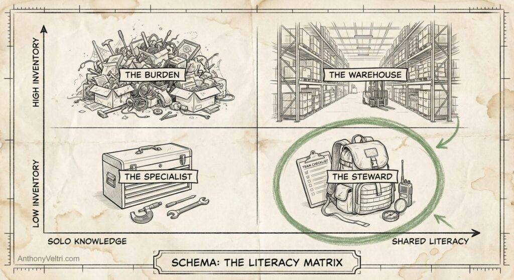 A chart divided into four quadrants: top left shows a pile of books labeled 