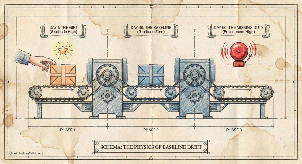 A vintage-style diagram shows a hand placing a gift on a conveyor (gratitude high), which moves through phases. By Day 30, the gift is baseline (gratitude zero). By Day 60, a red alarm sounds at the end (resentment high), illustrating 