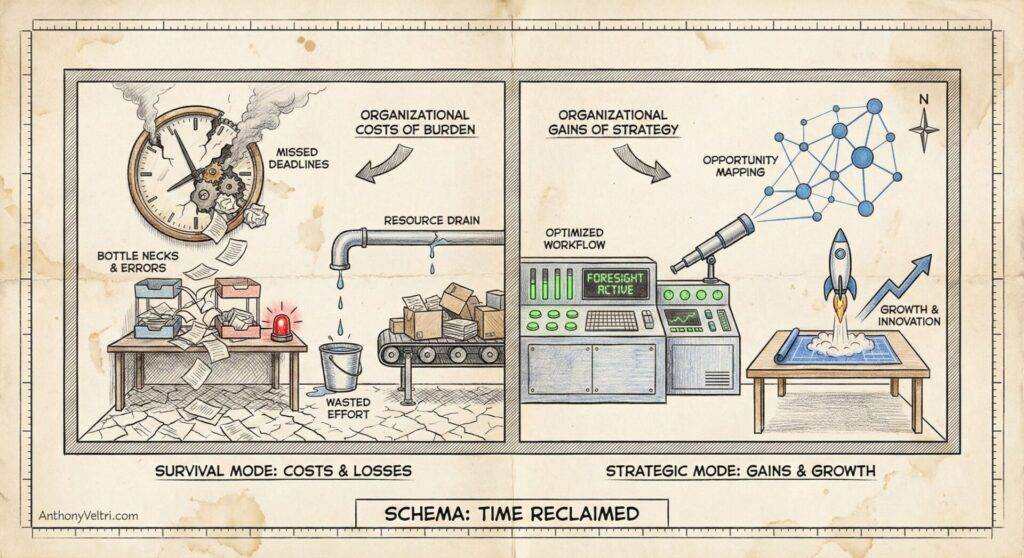 A split-panel illustration. Left: chaotic office with papers, coffee spill, alarm clock, and conveyor belts labeled 