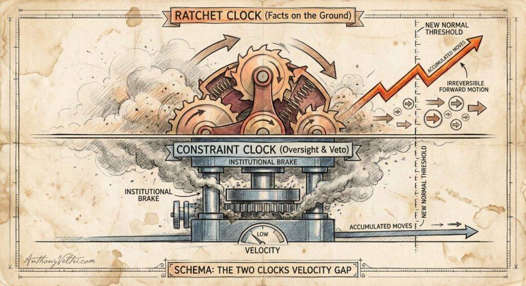 An ornate diagram shows two clocks: a 