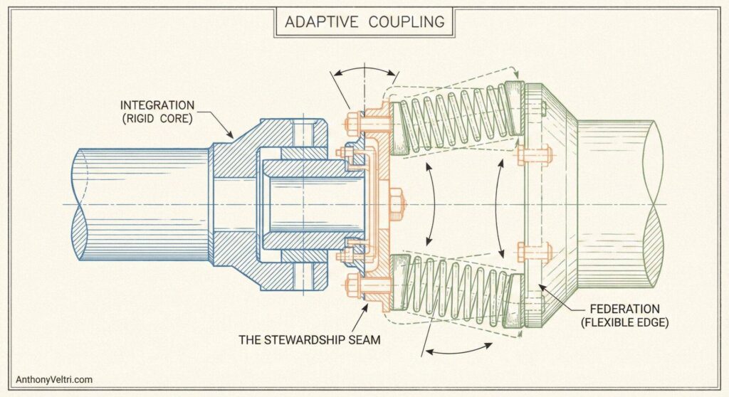 Technical diagram of an “Adaptive Coupling,” showing a solid, rigid core labeled “Integration” on the left, connecting through a “Stewardship Seam” to a flexible, spring-supported structure labeled “Federation” on the right. Arrows suggest movement and adaptability.