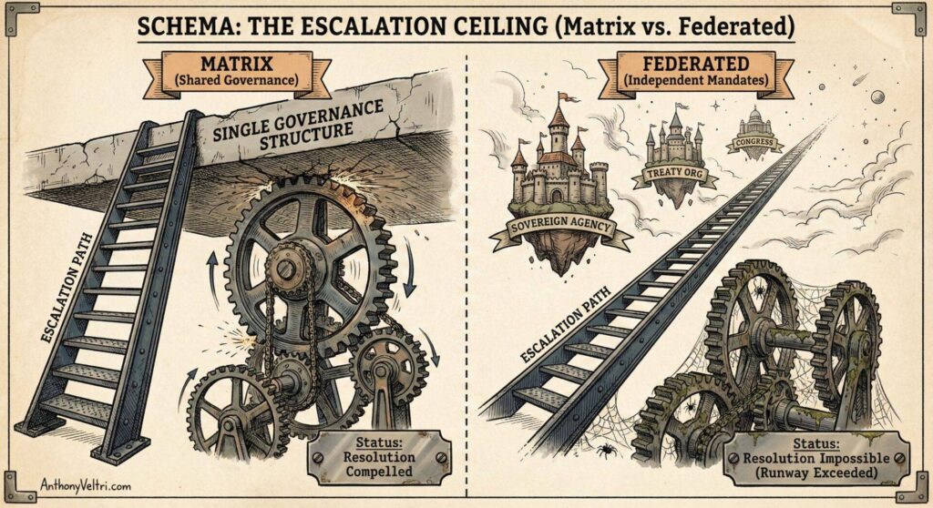 An illustrated diagram compares two systems: Matrix (shared governance, gears turning together, labeled “resolution compelled”) and Federated (independent, castle on a hill, gears separated, labeled “runaway exceeded”). Ladders marked 