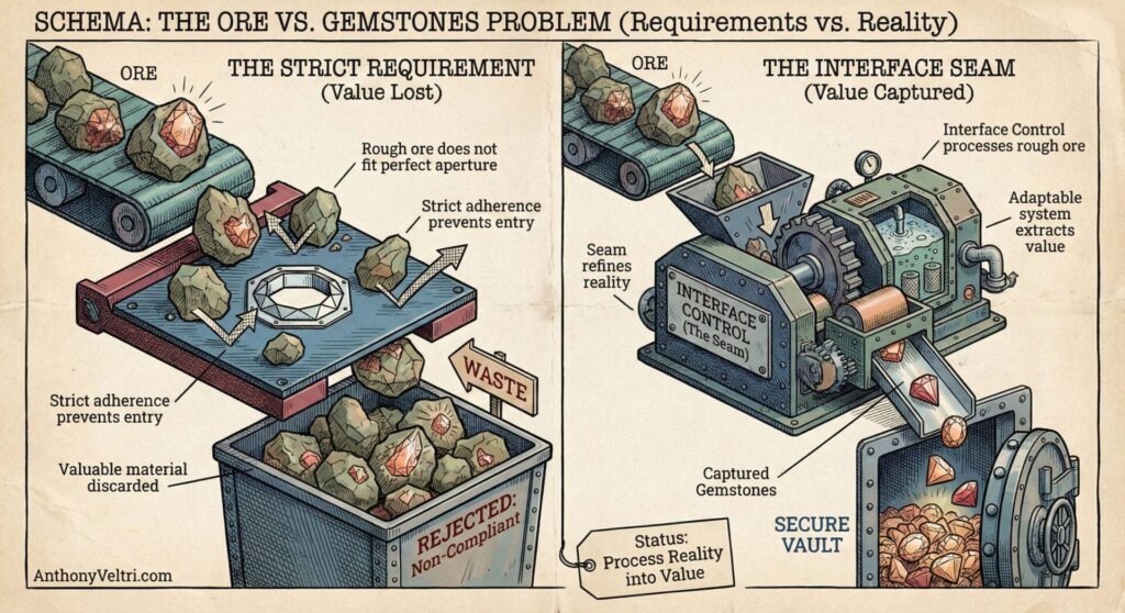 Illustration split in two: Left side shows rough ore rejected by a strict requirement process, labeled 