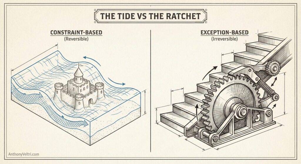 A split illustration compares two concepts: on the left, a sandcastle surrounded by water labeled 