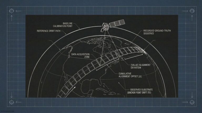 Satellite earth observation diagram showing orbital path, data acquisition swath, baseline calibration point, and anchor point drift indicators over a globe displaying North and South America. Technical series illustration for Ground Truth, Federation, and the Anchor Point. Each piece in this series addresses one failure mode in the chain between observation and truth. Together they make a single argument: anchor point integrity is a governance problem as much as a technical one.