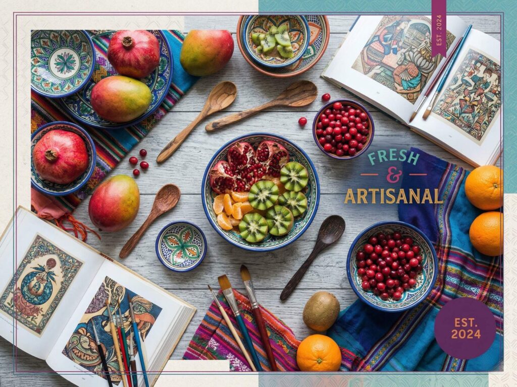 Colorful flat lay of sliced kiwi, pomegranate, tangerine, cranberries, and whole pomegranates in patterned bowls on a table with vibrant textiles, wooden utensils, art books, and a “Fresh & Artisanal” label. “Est. 2024” is displayed on the side.
