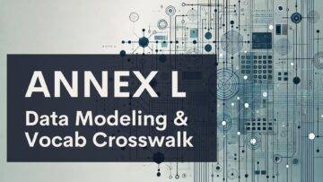 A graphic with abstract blue and black data and circuit patterns, overlaid with a dark rectangle containing the text "ANNEX L Data Modeling & Vocab Crosswalk.