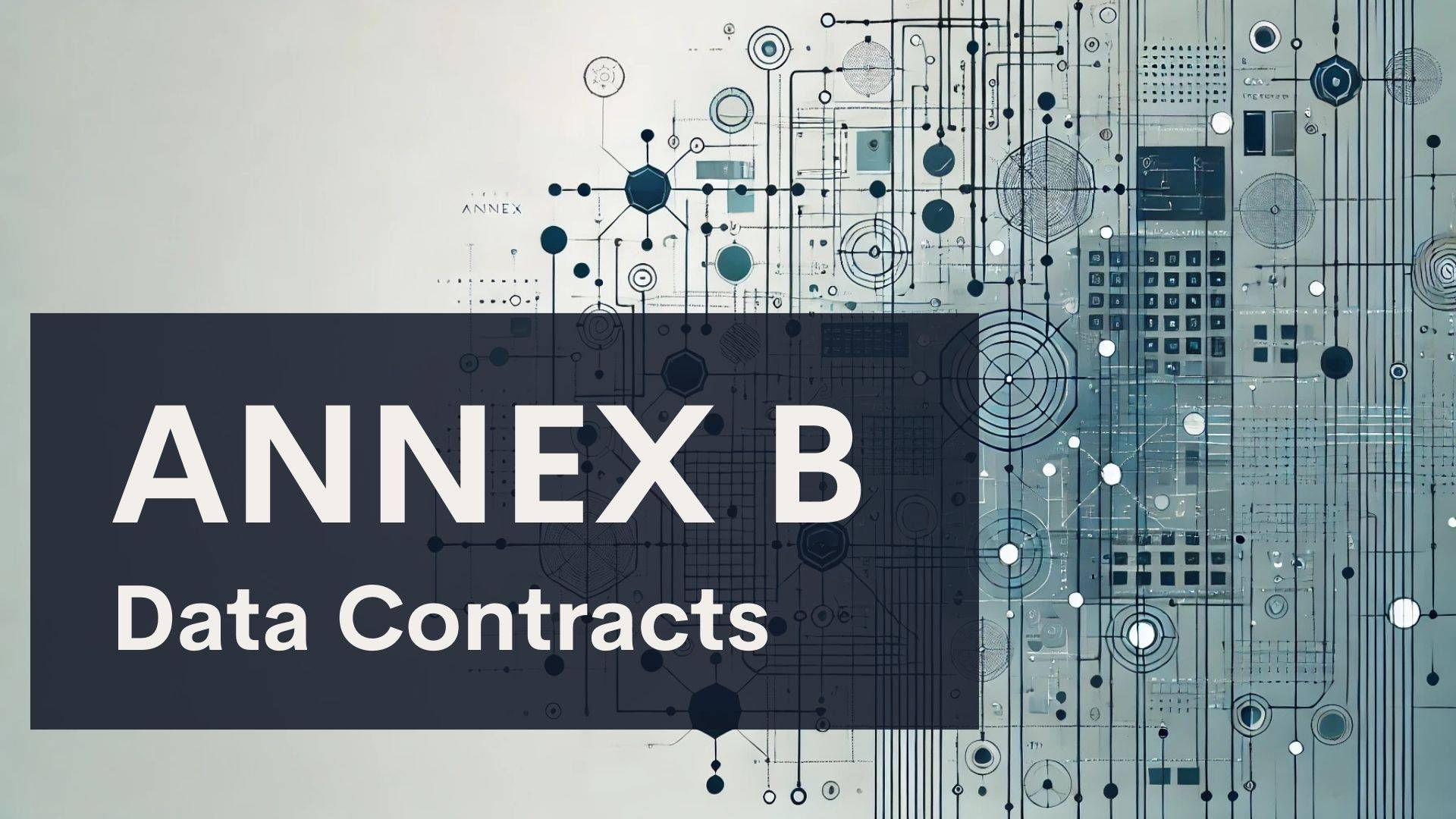 A graphic with the title "ANNEX B Data Contracts" on a dark box overlaying a background of abstract digital circuit and network diagrams.