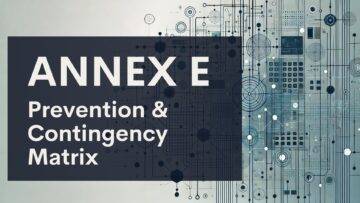 Dark box with white text reads "ANNEX E Prevention & Contingency Matrix" over a background of abstract technology-themed lines, circles, and geometric shapes in blue and gray tones.