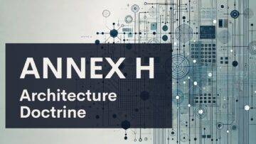 A graphic with abstract circuit-like patterns and geometric shapes. Large text reads "ANNEX H" and below it, smaller text says "Architecture Doctrine." The background combines technical and digital design elements.