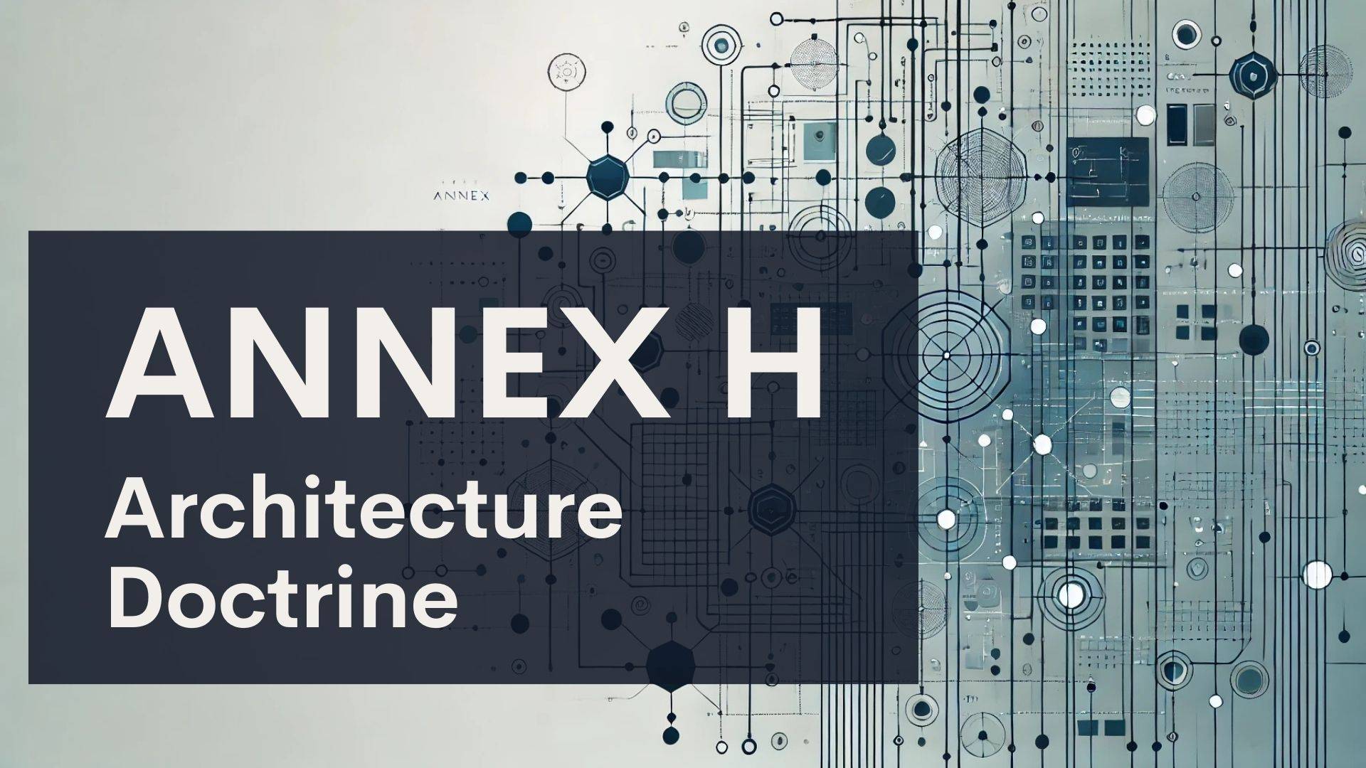 A graphic with abstract circuit-like patterns and geometric shapes. Large text reads "ANNEX H" and below it, smaller text says "Architecture Doctrine." The background combines technical and digital design elements.