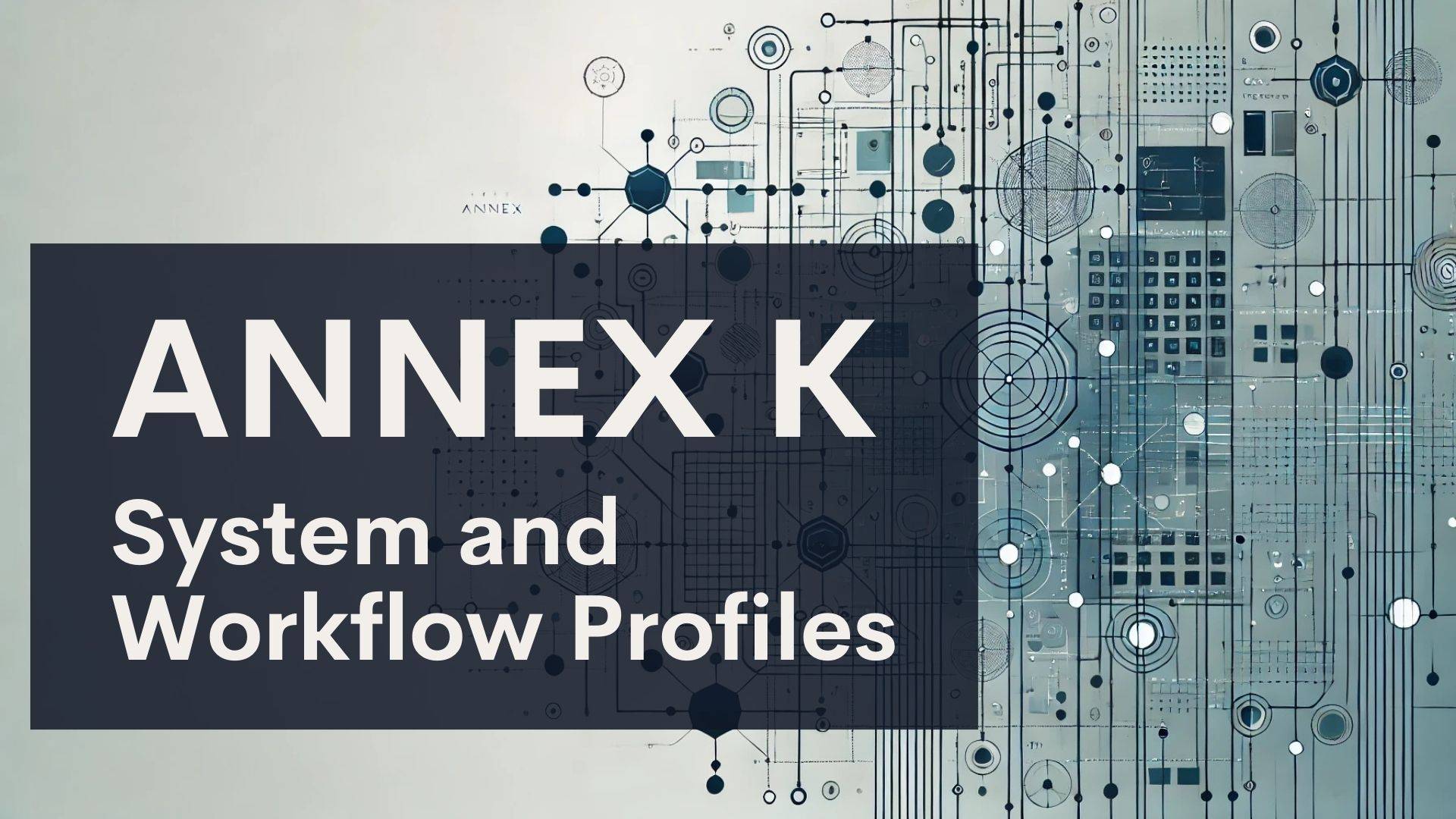 A graphic with the title "ANNEX K System and Workflow Profiles" in bold text on a dark overlay, set against a background of abstract blue and black circuit and network diagrams.