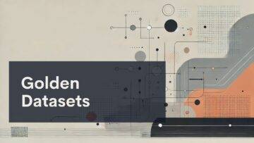A graphic with abstract geometric shapes and lines in black, orange, and gray tones, featuring a dark overlay box with the text "Golden Datasets" in bold white letters.