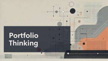 Abstract geometric shapes and lines in muted colors form a modern design. A dark, semi-transparent box on the left contains the text "Portfolio Thinking" in large, white font.