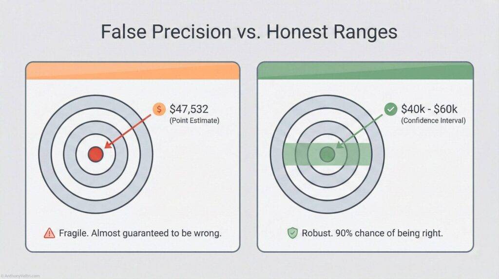 A graphic compares a single-point estimate ($47,532) labeled โfragileโ with a range estimate ($40kโ$60k) labeled โrobust,โ using target diagrams to highlight confidence and accuracy in predictions.