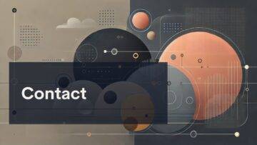 Abstract digital artwork with overlapping circles, lines, and dots in muted shades of beige, peach, black, and gray. The word "Contact" is written in bold white letters on a transparent dark rectangle across the left side of the image.