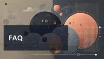 Abstract digital illustration with overlapping circles and geometric shapes in shades of beige, black, and peach. The background is divided into light and dark halves. The word "FAQ" appears in bold white letters on a transparent dark rectangle in the foreground.