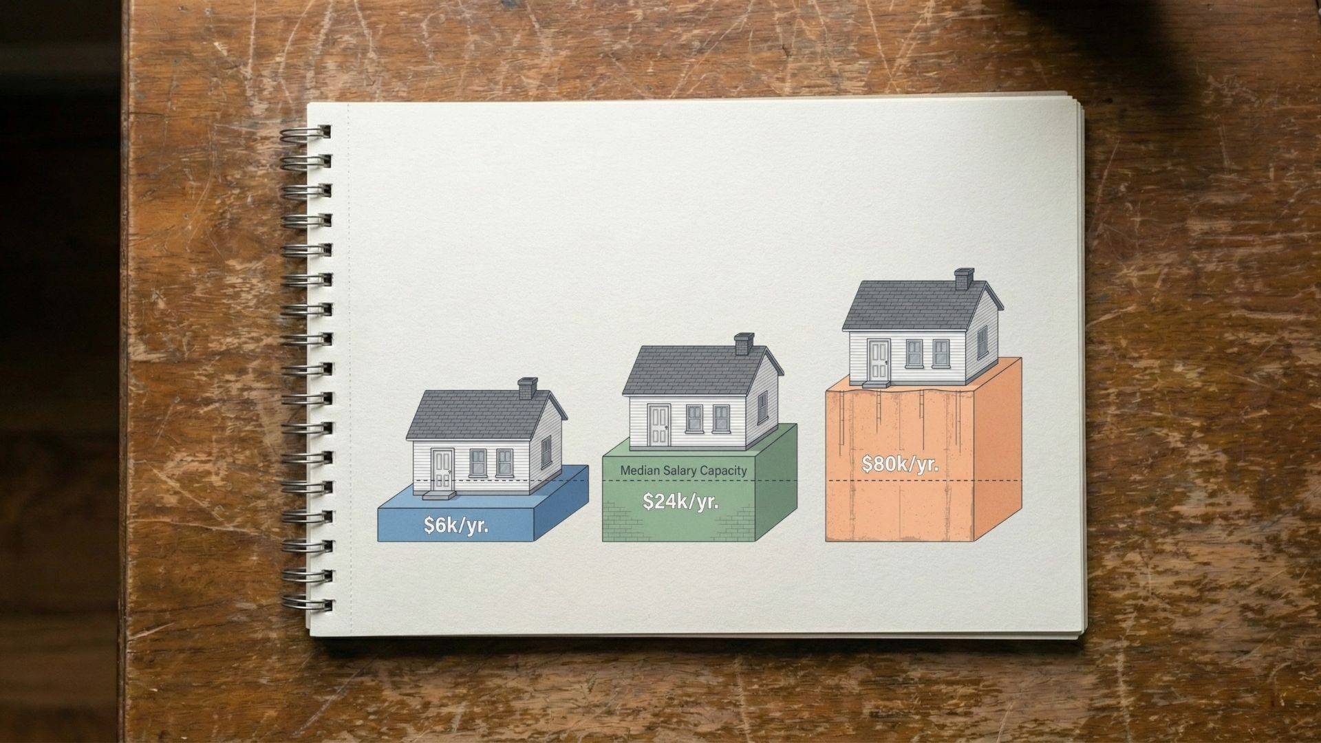 This diagram illustrates increasing salary capacities, with larger houses on higher blocks representing $6k, $24k (median), and $80k per year.