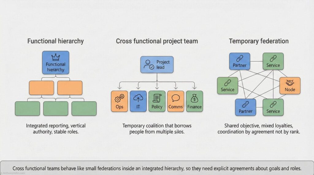Diagram compares three team structures: Functional hierarchy (vertical, stable roles), Cross functional project team (temporary, multi-department), and Temporary federation (partners/services, shared goals, coordination by agreement not rank).