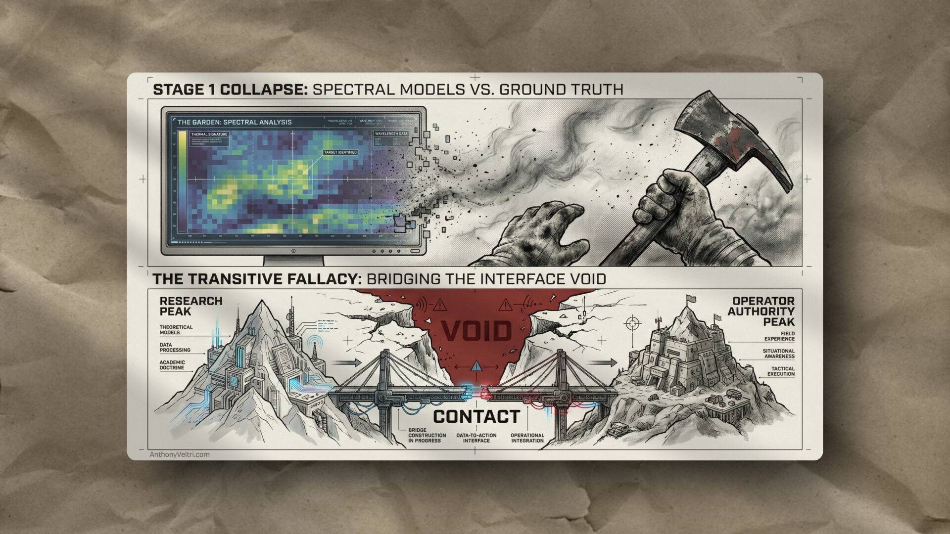 This diagram illustrates a disrupted heatmap and, below, bridges uniting "Research Peak" and "Operator Authority Peak" via contact.