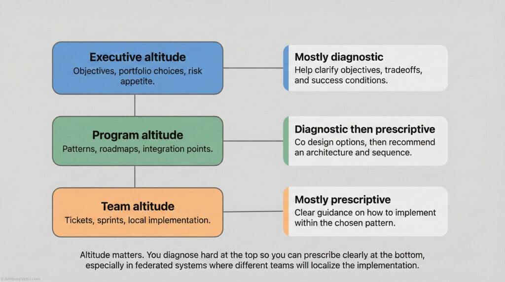 A flowchart illustrating "Executive altitude," "Program altitude," and "Team altitude," each linked to corresponding descriptions about their focus: diagnostic, prescriptive, or both in organizational implementation.