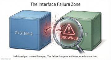 This diagram illustrates a failure occurring at the unowned interface between System A and System B, as highlighted by the warning.