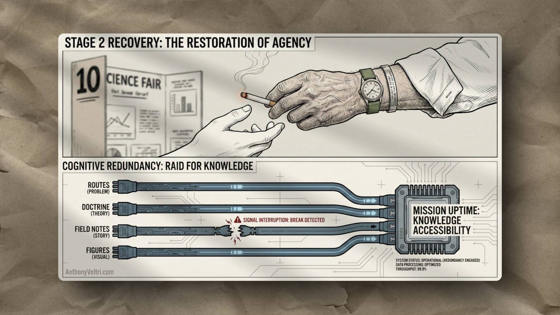 This diagram illustrates disrupted information routes—"ROUTES," "DOCTRINE," "FIELD NOTES," and "FIGURES"—impacting knowledge access.