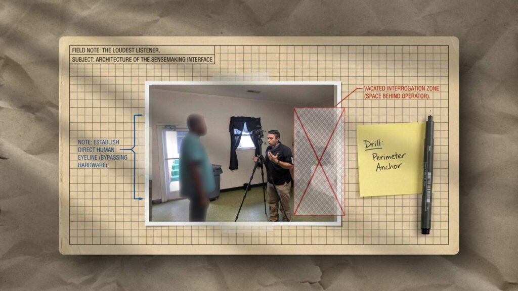 This diagram illustrates a documented drill setup, highlighting role placement and the designated "vacated interrogation zone.