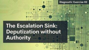 A digital slide titled “The Escalation Sink: Deputization without Authority,” overlaid on a yellow-green circuit board design. “Diagnostic Exercise 02” is in the top right corner on a black bar. Abstract tech graphics fill the background.