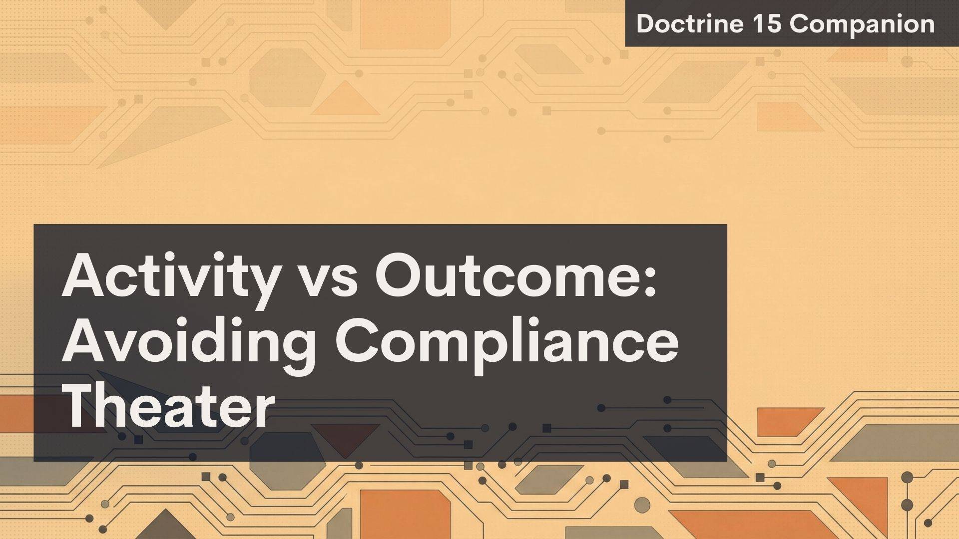 Slide with geometric, circuit-like orange and tan patterns. Dark overlay box contains white text: "Activity vs Outcome: Avoiding Compliance Theater." Top right dark label reads, "Doctrine 15 Companion.