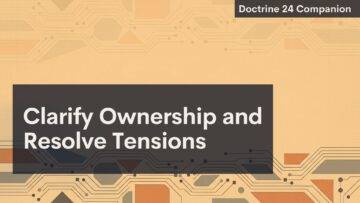 A presentation slide with a tan circuit board background features the title “Clarify Ownership and Resolve Tensions” in large white text on a dark gray box. In the upper right, a smaller dark gray box reads “Doctrine 24 Companion.”.