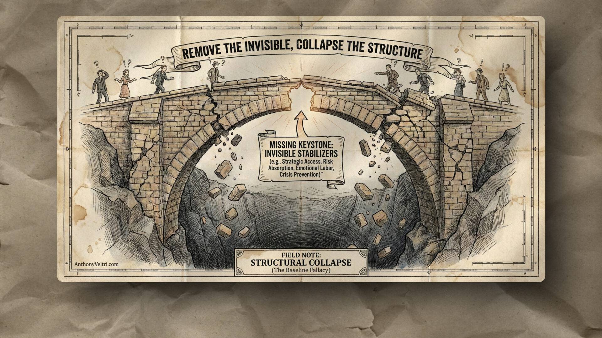 A hand-drawn illustration of a stone bridge collapsing at the center. A ghostly figure labeled “Invisible Labor (Removed)” is vanishing from the gap, causing stones to fall. Banner reads: "Remove the invisible, collapse the structure." Background is textured paper.