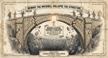 A ghost labeled "Invisible Labor (Removed)" is taken from under a stone bridge, causing the bridge to collapse and bricks to fall. A banner reads, "Remove the invisible, collapse the structure." The image is styled like an old sketch, with the note: "Structural Collapse.