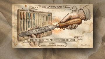 An illustrated hand labeled "Formal Vocabulary" holds a chisel labeled "Tacit Experience" against a wooden rack of chisels. Banners read: "When post-hoc learning beats theory-first" and "The retroactive architecture of skill." Subtext: "Schema: The Fitted Handle Protocol.