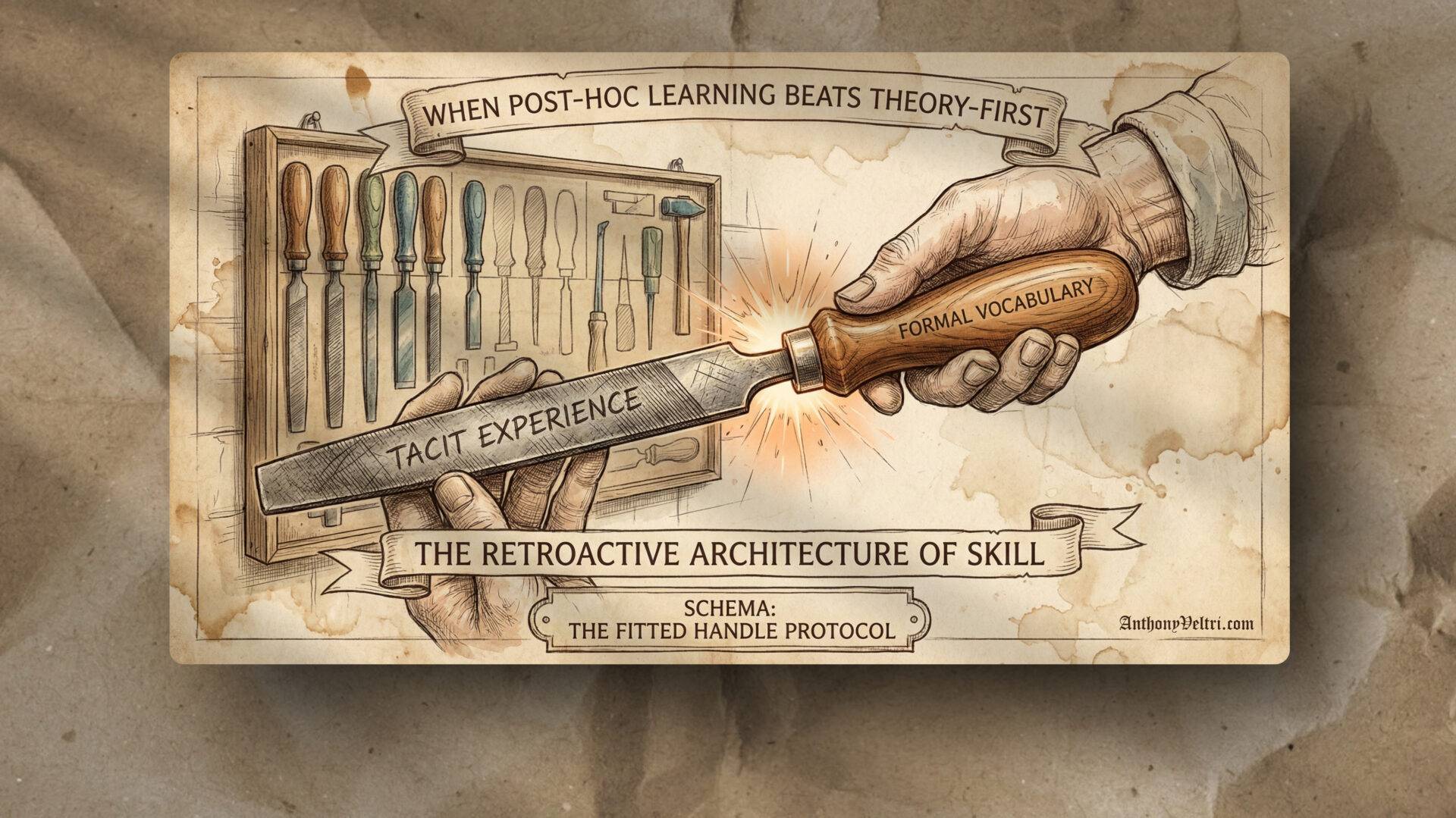 An illustrated hand labeled "Formal Vocabulary" holds a chisel labeled "Tacit Experience" against a wooden rack of chisels. Banners read: "When post-hoc learning beats theory-first" and "The retroactive architecture of skill." Subtext: "Schema: The Fitted Handle Protocol.